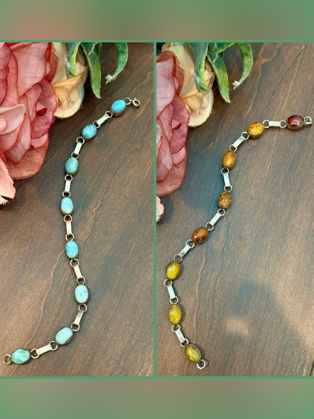 Larimar/Amber Artisan Handmade Dominican Sterling Silver Happy Hour Bracelet - Picture 15 of 15